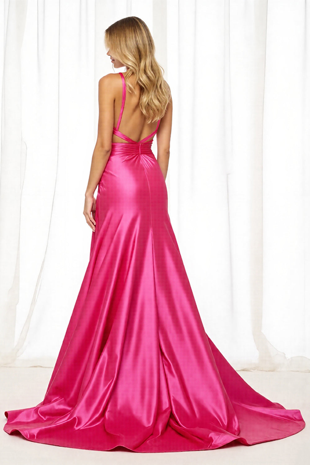 Fuchsia Satin A Line Long Prom Dress with Slit