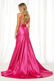 Fuchsia Satin A Line Long Prom Dress with Slit