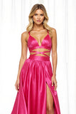 Fuchsia Satin A Line Long Prom Dress with Slit