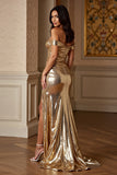 Golden Sheath Metallic Long Prom Dress with Slit
