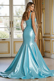 Blue Satin Mermaid Prom Dress with Slit