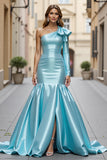 Blue Satin Mermaid Ruffled Long Prom Dress with Slit