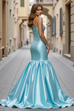Blue Satin Mermaid Ruffled Long Prom Dress with Slit