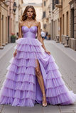 Purple Tulle A Line Prom Dress with Ruffles