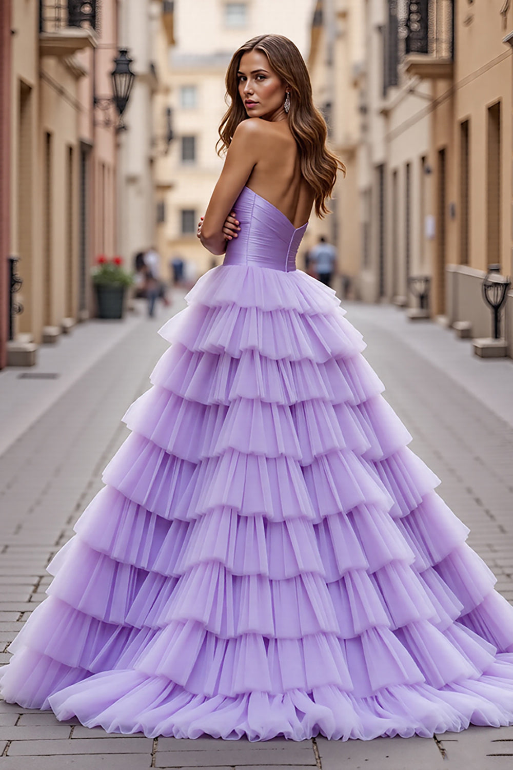 Purple Tulle A Line Prom Dress with Ruffles