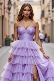 Purple Tulle A Line Prom Dress with Ruffles