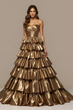 Golden Satin A Line Prom Dress with Ruffles