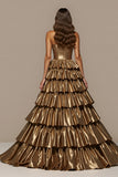 Golden Satin A Line Prom Dress with Ruffles