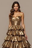 Golden Satin A Line Prom Dress with Ruffles