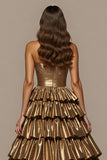 Golden Satin A Line Prom Dress with Ruffles