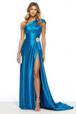 Blue A Line Satin Prom Dress with Slit