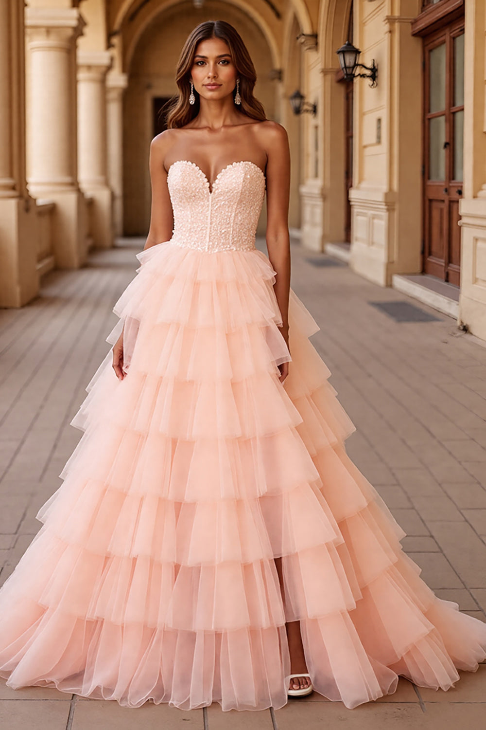 Blush A Line Tulle Prom Dress with Ruffles