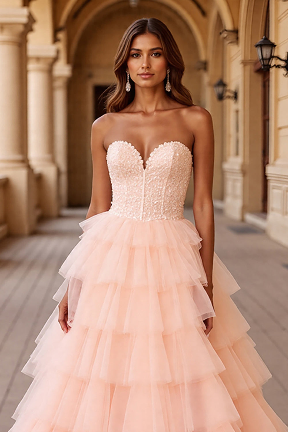 Blush A Line Tulle Prom Dress with Ruffles