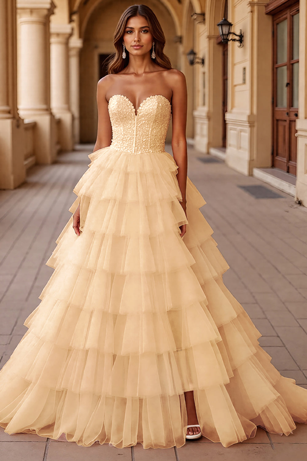 Blush A Line Tulle Prom Dress with Ruffles