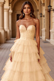 Blush A Line Tulle Prom Dress with Ruffles