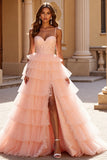 Blush Tulle Tiered Long Prom Dress with Appliques