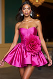 Fuchsia Strapless A Line Homecoming Dress With 3D Flowers
