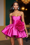 Fuchsia Strapless A Line Homecoming Dress With 3D Flowers