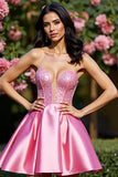 Pink Corset Satin Strapless A Line Homecoming Dress