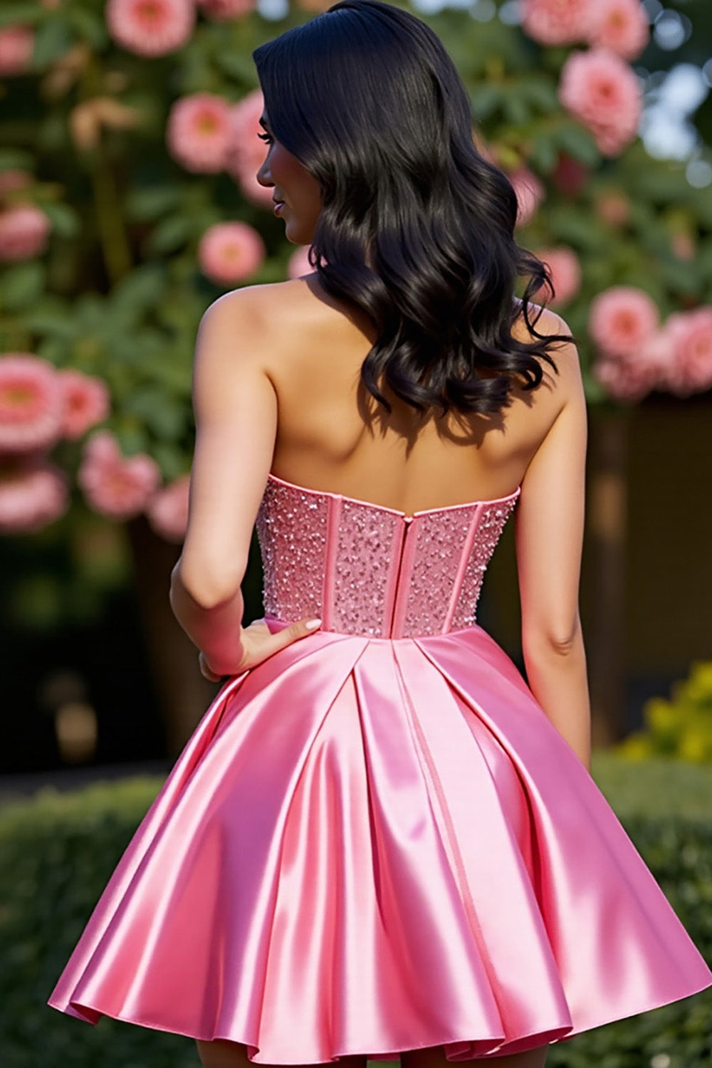 Pink Corset Satin Strapless A Line Homecoming Dress