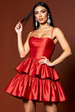 Red Spaghetti Straps Tiered Satin A Line Homecoming Dress