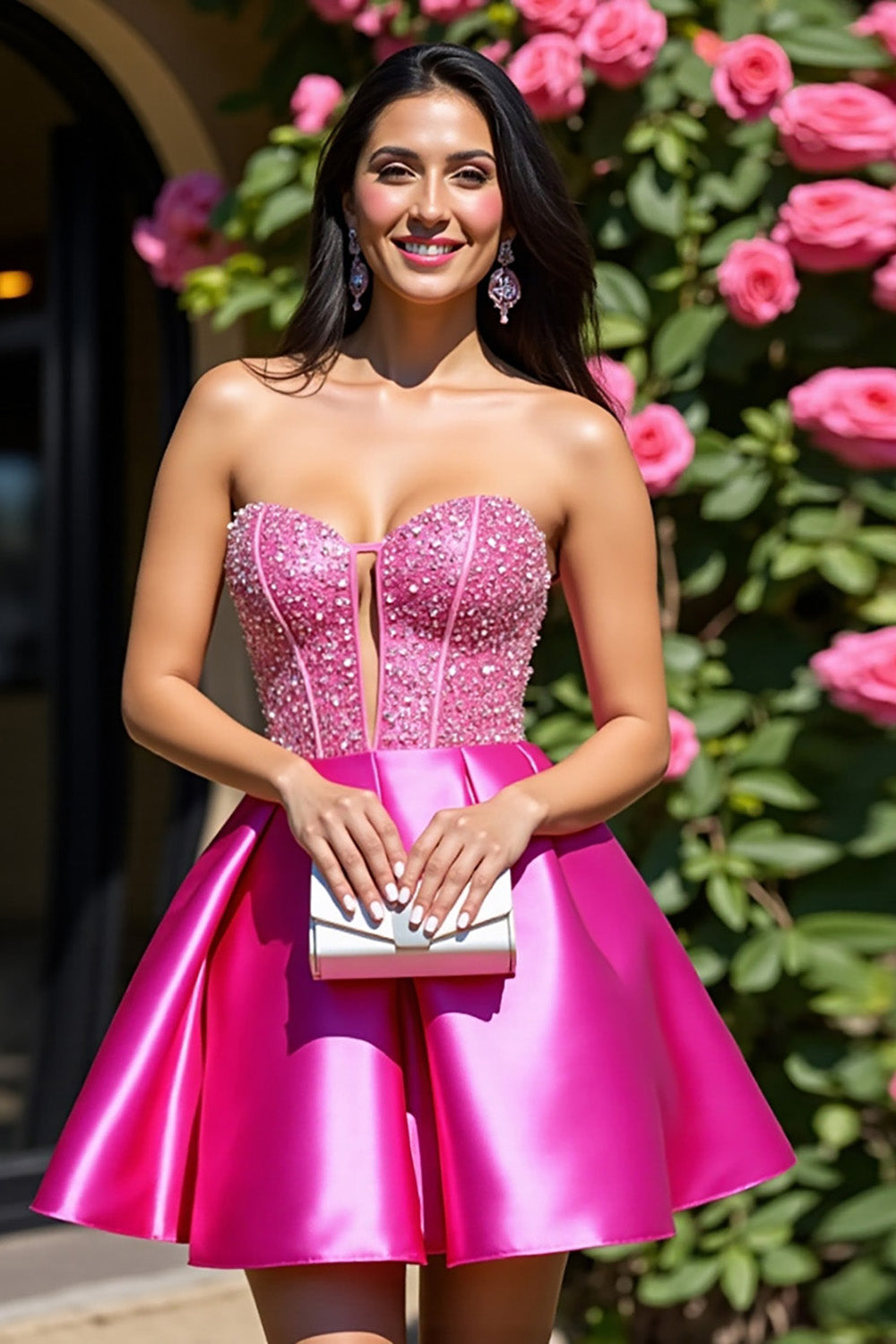 Fuchsia Strapless Keyhole Satin A Line Homecoming Dress
