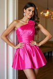 Fuchsia One Shoulder Ruched A Line Homecoming Dress With 3D Flowers