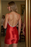 Red Spaghetti Straps Bodycon Satin Homecoming Dress With Beading
