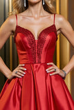 Red Spaghetti Straps Satin A Line Homecoming Dress With Beading