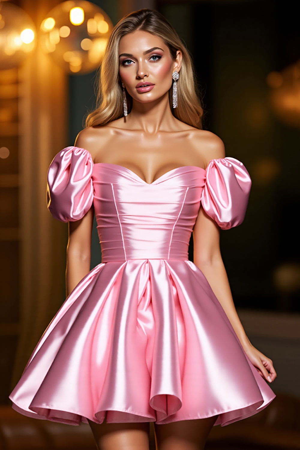 Pink A Line Satin Off the Shoulder Short Homecoming Dress with Ruffles