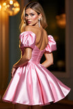 Pink A Line Satin Off the Shoulder Short Homecoming Dress with Ruffles