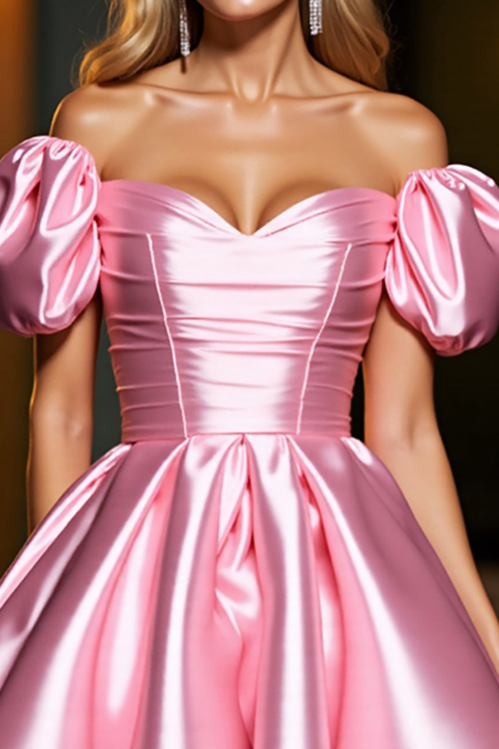 Pink A Line Satin Off the Shoulder Short Homecoming Dress with Ruffles