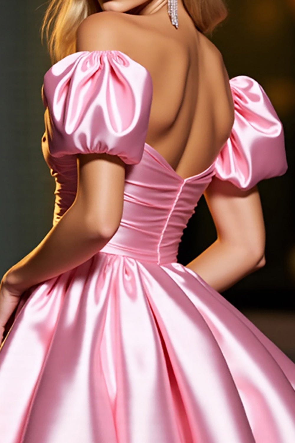 Pink A Line Satin Off the Shoulder Short Homecoming Dress with Ruffles