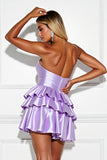 Lilac Satin A Line Tiered Short Homecoming Dress with Beading