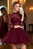 Burgundy Tulle Corset High Illusion Neck Short Homecoming Dress with Lace