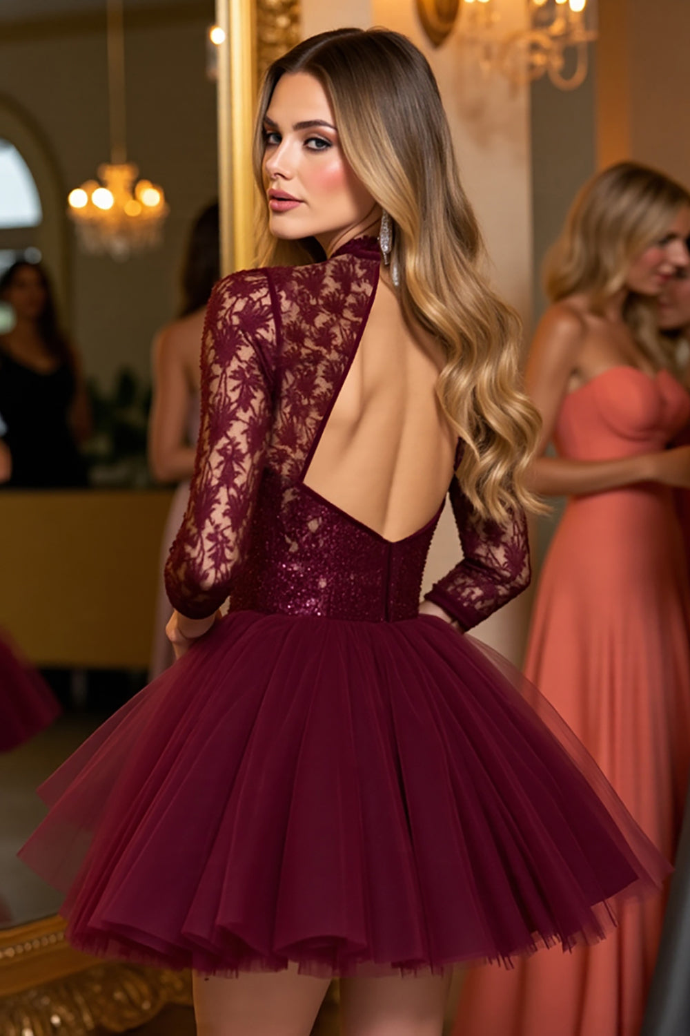 Burgundy Tulle Corset High Illusion Neck Short Homecoming Dress with Lace