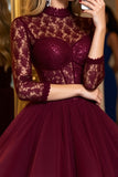 Burgundy Tulle Corset High Illusion Neck Short Homecoming Dress with Lace