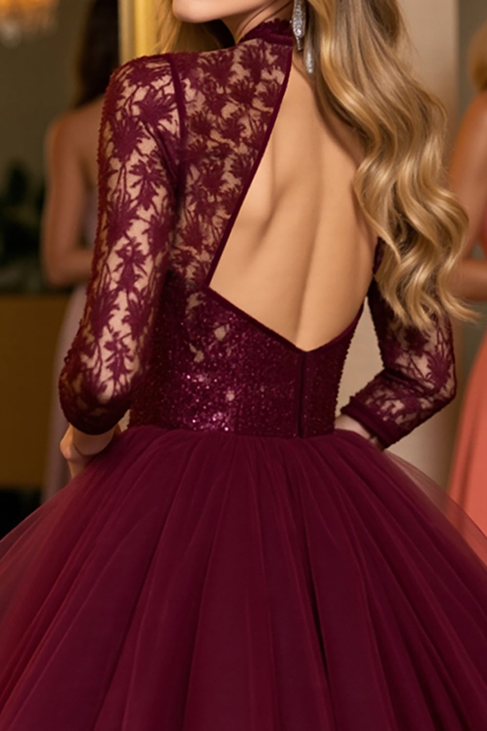 Burgundy Tulle Corset High Illusion Neck Short Homecoming Dress with Lace