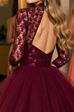 Burgundy Tulle Corset High Illusion Neck Short Homecoming Dress with Lace