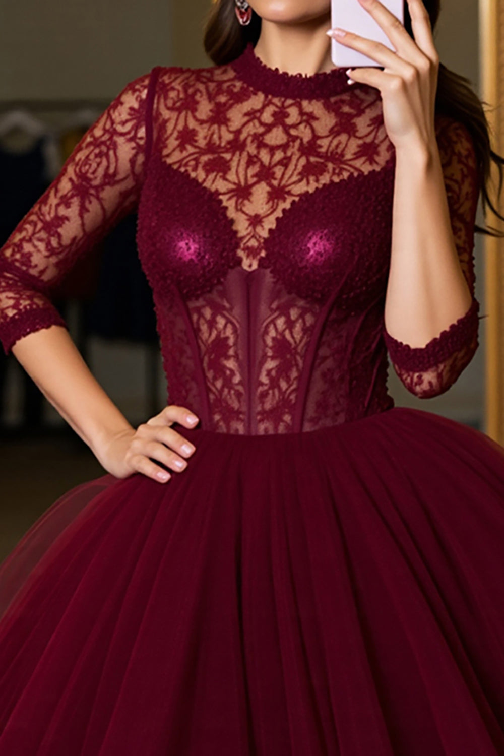 Burgundy Corset Illusion Neck Tulle Short Homecoming Dress with Lace