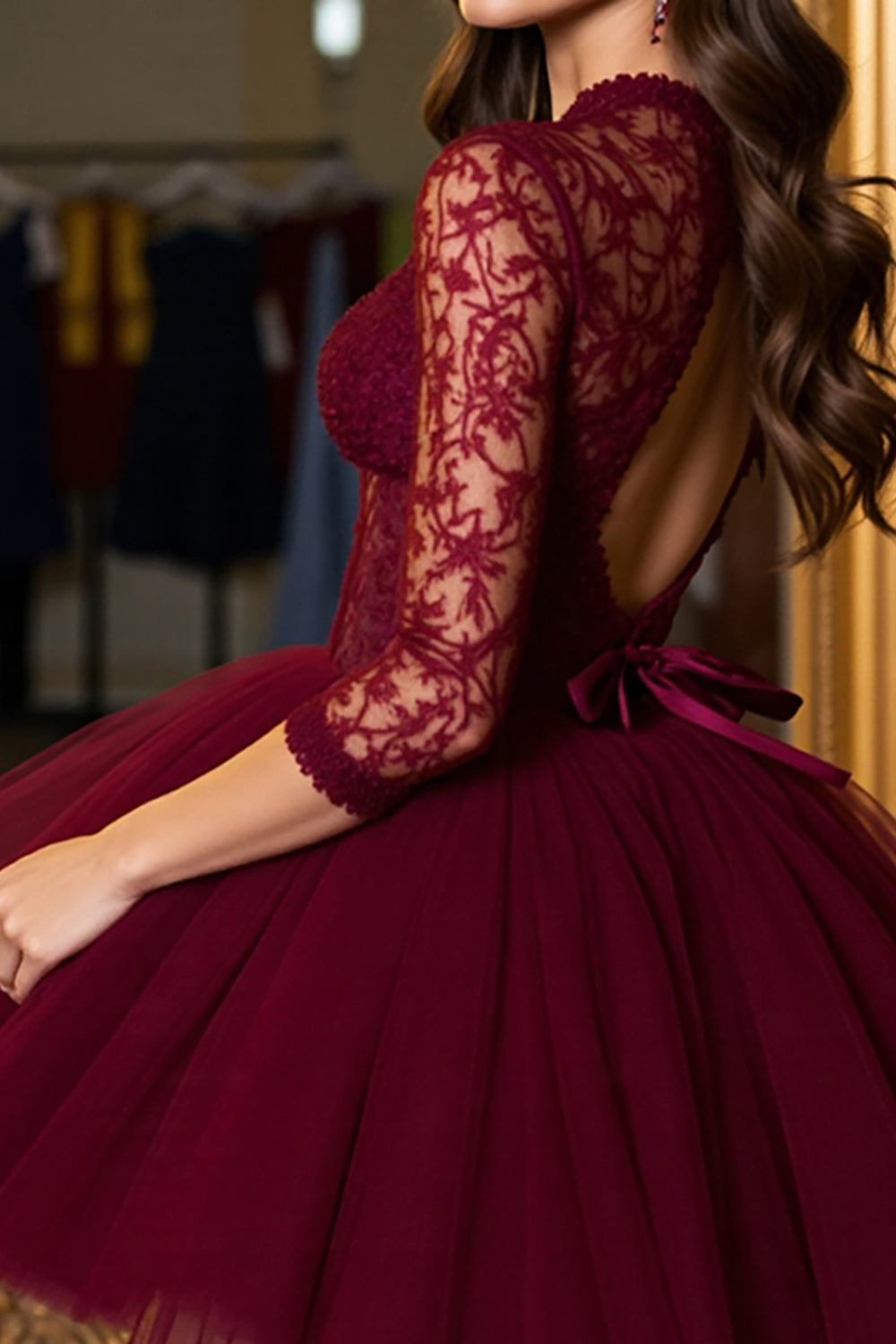 Burgundy Corset Illusion Neck Tulle Short Homecoming Dress with Lace