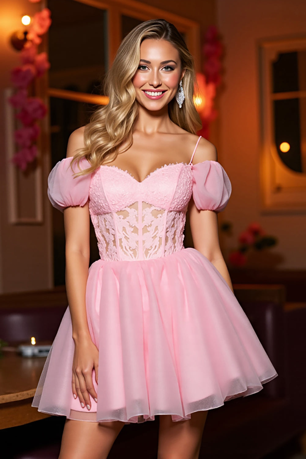 Pink Tulle A Line Corset Cold Shoulder Short Homecoming Dress