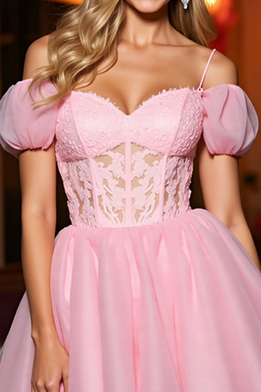 Pink Tulle A Line Corset Cold Shoulder Short Homecoming Dress