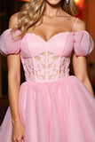 Pink Tulle A Line Corset Cold Shoulder Short Homecoming Dress