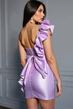 Lilac Corset Satin Bodycon One Shoulder Short Homecoming Dress with Ruffles