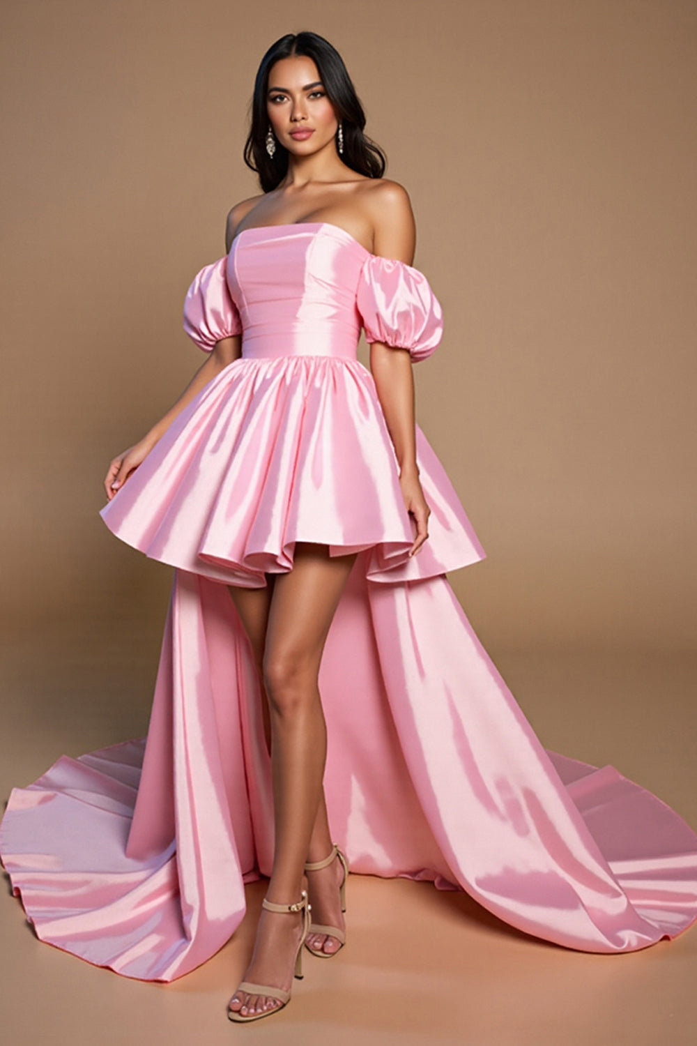 Pink High Low Satin A Line Off the Shoulder Short Homecoming Dress