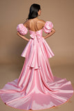 Pink High Low Satin A Line Off the Shoulder Short Homecoming Dress