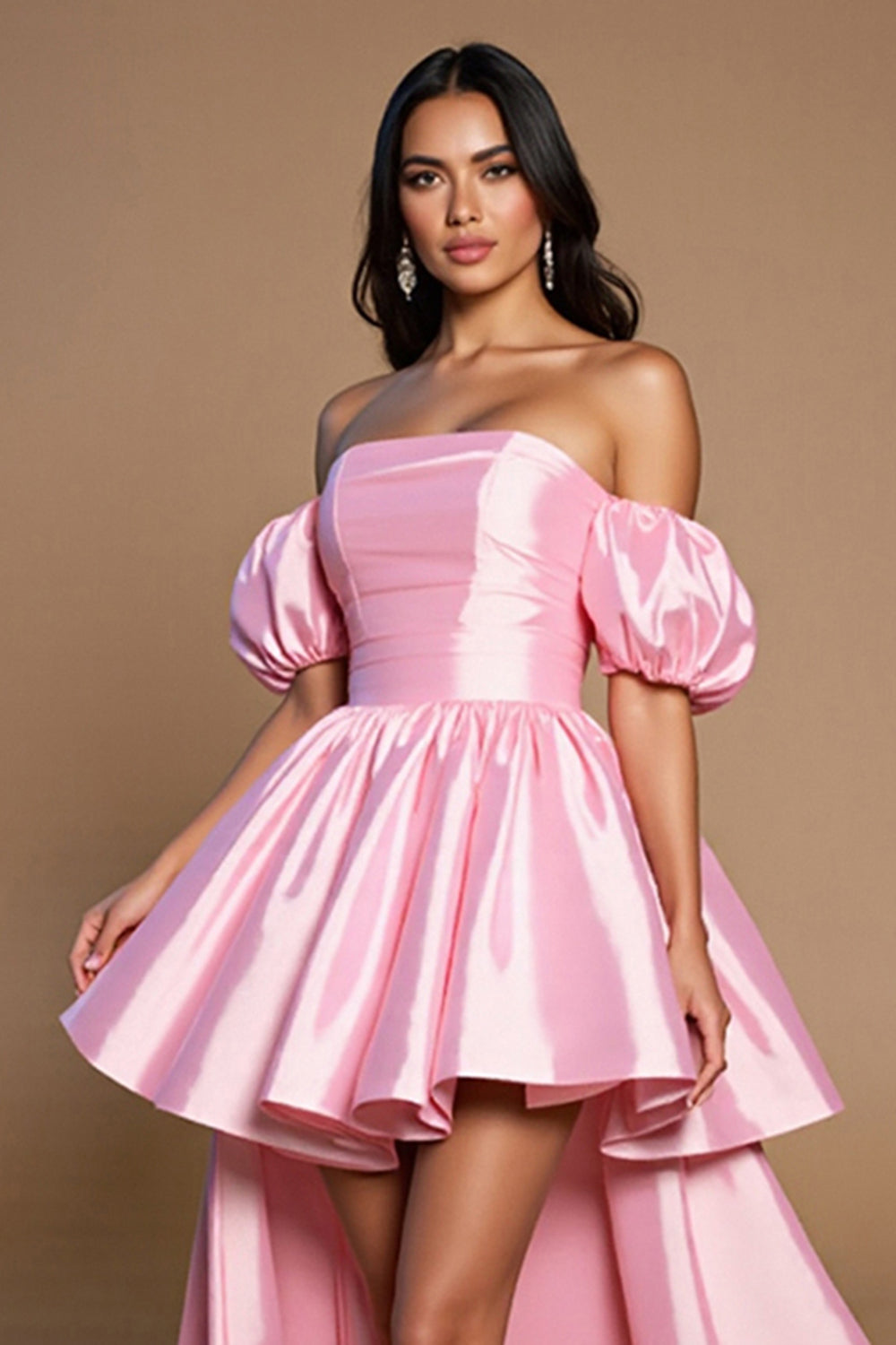 Pink High Low Satin A Line Off the Shoulder Short Homecoming Dress
