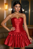 Red A Line Corset Tiered Satin Sweetheart Short Homecoming Dress