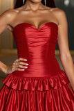 Red A Line Corset Tiered Satin Sweetheart Short Homecoming Dress